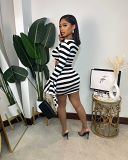 European And American Women'S Autumn And Winter New Slanted Shoulders, Bell Sleeves, Ruffles, Tassels, Short Skirts, Black And White Striped Two-Piece Set