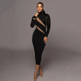 European And American Style Spring New Round Neck Long Sleeve Stitched Dress Women'S Fashion Hot Selling Sexy Hot Girl Long Skirt
