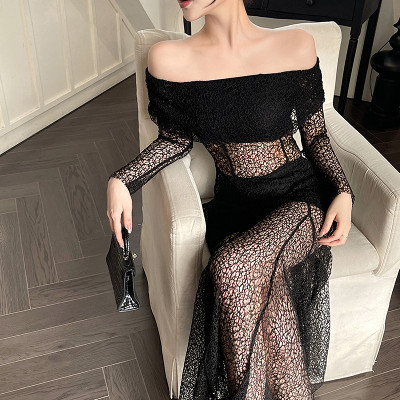 Straight Shoulder Mesh Sexy Cut-Out Long Sleeve Dress European And American Style Cross-Border New Hot Girl Long Skirt Women