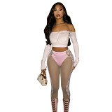 European And American Style Women'S Spring New Sexy See-Through Mesh Lace Stitched High-Waisted Hip-Lifting Cropped Pants