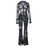 European And American Women'S New Mesh Print Lapel Smocked Button Top Trousers Two-Piece Suit