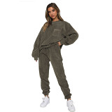 European And American Autumn And Winter New Corduroy Solid Color Round Neck Pullover Long Sleeve Two-Piece Fashion Trouser Suit Women