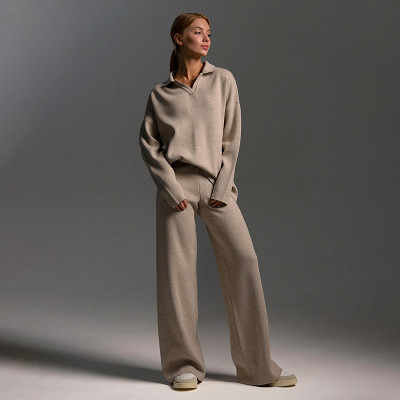 Knitted Suit, European And American Autumn And Winter Sweater Suit, Polo Neck Knitted Pullover + Wide-Leg Trousers Two-Piece Set