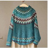 European And American New Sweater Women'S Wish Hot Sale Round Neck Color-Block Loose Fashion Pullover Knit