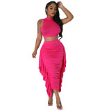 Europe And The United States 2024 New Women'S Clothing Solid Color High-Waisted Ruffle Crop Top Tight Vest Skirt Set