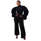European And American Sexy Hip Pleated Balloon Sleeves Waisted Wide-Leg Jumpsuit