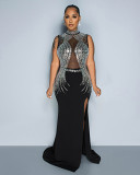 European And American Hot Diamond Mesh Sheer Panelled Sleeveless Slit Slim Dress