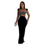 European And American Fashion Women'S Solid Color Mesh Hot Diamond Long-Sleeved Long Skirt Dress
