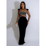 European And American Fashion Women'S Solid Color Mesh Hot Diamond Long-Sleeved Long Skirt Dress