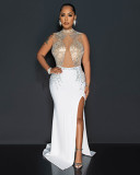 European And American Hot Diamond Mesh Sheer Panelled Sleeveless Slit Slim Dress