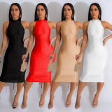 European And American Fashion Women'S Solid Color Sleeveless Sexy Backless Long Skirt Dress