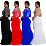 European And American Fashion Women'S Solid Color Mesh Hot Diamond Slit Long Skirt Dress
