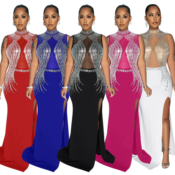 European And American Fashion Round Neck High Slit Solid Color Hot Diamond Dress Women