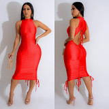 European And American Fashion Women'S Solid Color Sleeveless Sexy Backless Long Skirt Dress