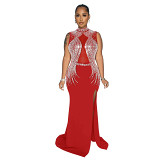 European And American Fashion Round Neck High Slit Solid Color Hot Diamond Dress Women