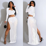 European And American Fashion Women'S Solid Color Mesh Hot Diamond Long-Sleeved Long Skirt Two-Piece Set