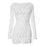 Europe And The United States Wind Spring New Solid Color Lace Round Neck Pullover Fashion Versatile Dress Female
