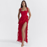 French Sundress Design Sexy Hot Girl Dress Sexy Slit Long Skirt Red Chiffon Dress Summer