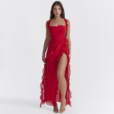 French Sundress Design Sexy Hot Girl Dress Sexy Slit Long Skirt Red Chiffon Dress Summer