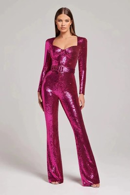 Long Sleeve Belted Floor Length Jumpsuit Sequined Evening Fashion Jumpsuit