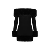 Black Plush Long Sleeve One-Shoulder Dress Autumn And Winter Women'S Fur Backless Hot Girl Hip Skirt