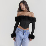 Autumn And Winter New European And American Style Hot Girl Outfits, Fashion Fur Collars, Straight Shoulders, Fishbones, Long Sleeves, Short Trim Tops, Women'S Clothing