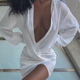 European And American Long Sleeve White Shirt Sexy Deep V-Neck Ins Internet Celebrity Linen Dress
