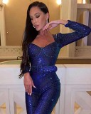 Long Sleeve Belted Floor Length Jumpsuit Sequined Evening Fashion Jumpsuit
