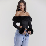 Autumn And Winter New European And American Style Hot Girl Outfits, Fashion Fur Collars, Straight Shoulders, Fishbones, Long Sleeves, Short Trim Tops, Women'S Clothing