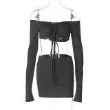 Europe And The United States Wind Women'S 2024 Spring New Fashion Sexy Drawstring Tie Top Slim Half-Body Skirt Suit