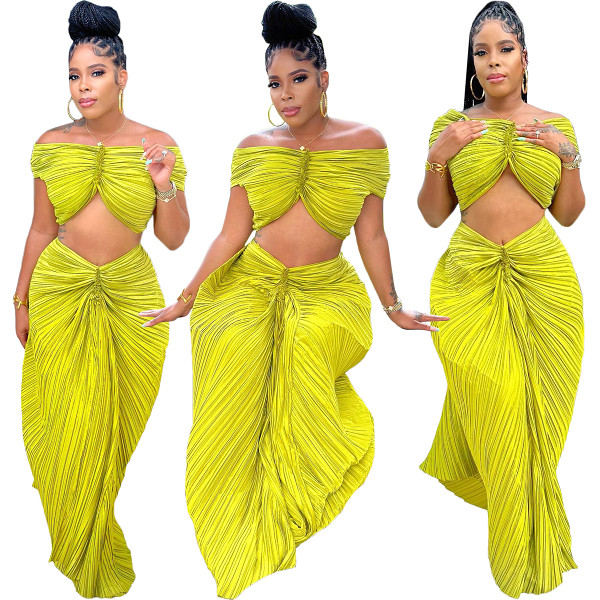 Spring And Summer New Women'S Solid Color High Temperature Press Pleat Two-Piece Set