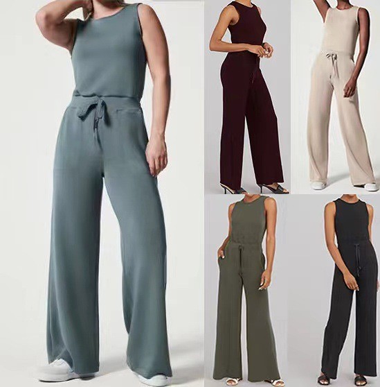 Europe And The United States Women'S Wear 2024 Spring Women'S New Solid Colour Versatile Sleeveless Tie Rope Elastic Jumpsuit Trousers