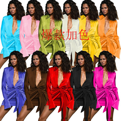 Europe And The United States Women'S Fashion Sexy High Elasticity Straps V-Neck Lapel Long-Sleeved Dresses