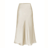 Satin Elastic High-Waisted Solid Color Split Midi Skirt