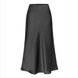 Satin Elastic High-Waisted Solid Color Split Midi Skirt