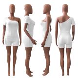 One shoulder solid summer stretchy women short jumpsuit casual rompers