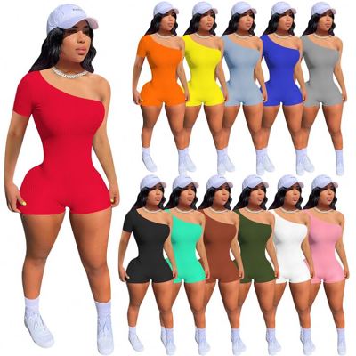 One shoulder solid summer stretchy women short jumpsuit casual rompers