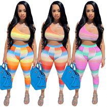 Striped One Shoulder Casual Women Clothing 2 Piece Pants Set