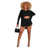 Loose solid color long sleeve crop top and shortsTwo Piece Outfits Women