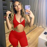 Summer Women Sexy Sleeveless Low Cut Out Knotted Casual Bodycon Short Jumpsuits