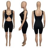 Summer Women Sexy Sleeveless Low Cut Out Knotted Casual Bodycon Short Jumpsuits