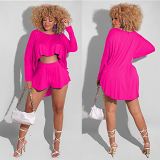 Loose solid color long sleeve crop top and shortsTwo Piece Outfits Women