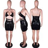 PU cut out strapless sexy bodycon women leather mini dress