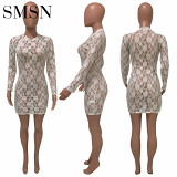 Women dress see-through sexy nightclub zipper slit long sleeve dress