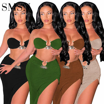 Outfits 2 Piece Set Women summer solid color bra top slit skirts two piece set