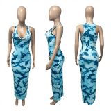 Color block printing ribbed sleeveless summer maxi long casual women dress