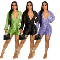 V-neck low-cut sexy pleated tie casual jumpsuit women