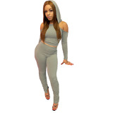 Casual Solid Color Hoodie Fall 2 Piece Set Women Open Back Bodycon Two Piece Pants Set