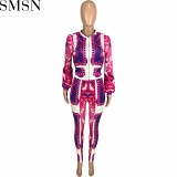 2 Piece Set Women casual pattern positioning printing loose zip coat trousers two piece set