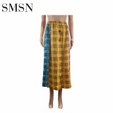 Summer women plaid element-slit long skirt